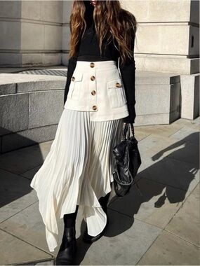 Commense Cream Asymmetric Pleated Maxi Skirt with Buttoned Waist